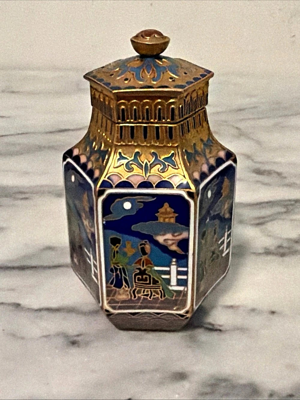 Blue & Gold Decorative Lidded Vessel